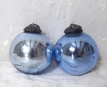 Set of 2 vintage blown glass blue Christmas ornaments