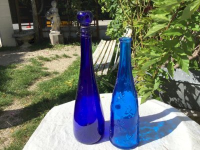 Lot de 2 Carafe bouteille vintage style Empoli en verre bleu