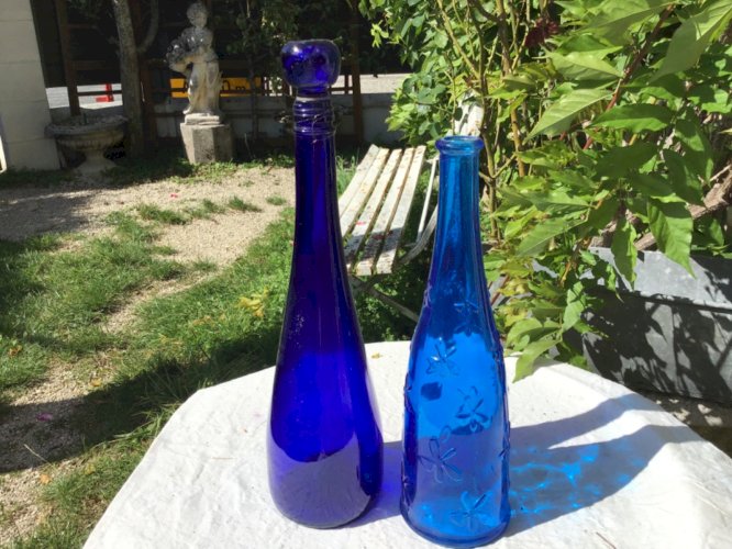 Lot de 2 Carafe bouteille vintage style Empoli en verre bleu