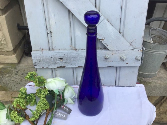 Lot de 2 Carafe bouteille vintage style Empoli en verre bleu