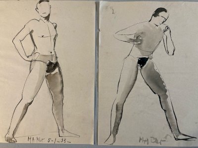 Lot De 2, Dessin encre Papier Portrait Homme 1960 Nu Style Cubiste Cubisme Art