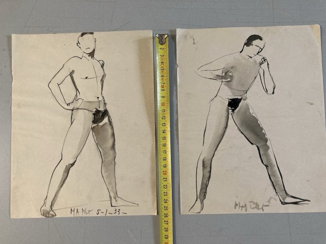Lot De 2, Dessin encre Papier Portrait Homme 1960 Nu Style Cubiste Cubisme Art