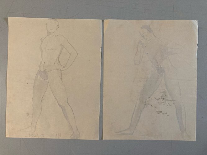 Lot De 2, Dessin encre Papier Portrait Homme 1960 Nu Style Cubiste Cubisme Art