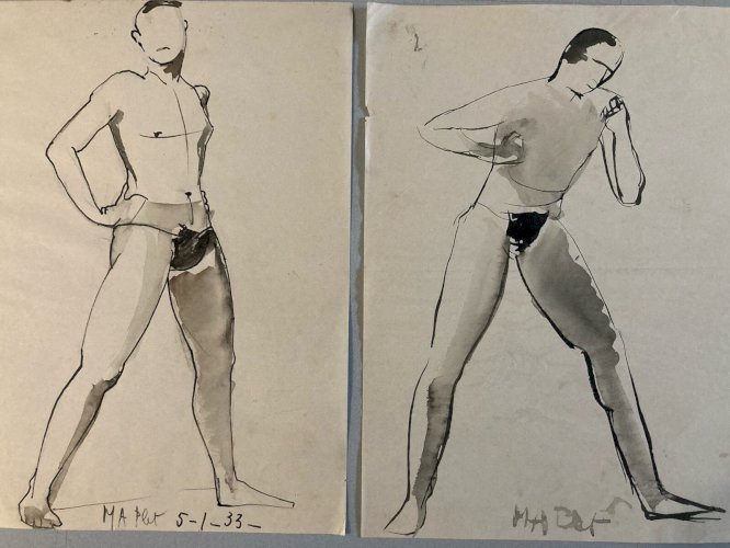 Lot De 2, Dessin encre Papier Portrait Homme 1960 Nu Style Cubiste Cubisme Art