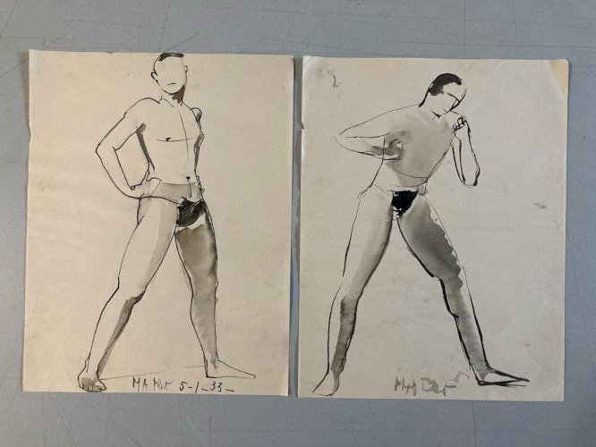 Lot De 2, Dessin encre Papier Portrait Homme 1960 Nu Style Cubiste Cubisme Art