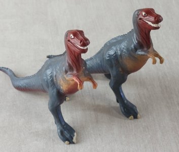 Set of 2 dinosaur figurines, Tyrannosaurus, painted plastic, Starlux