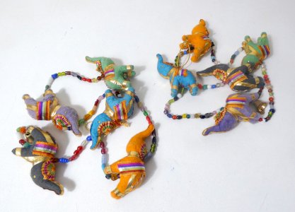 Set of 2 vintage Indian elephant garlands with beaded fabric and bells