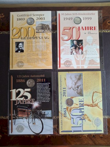 Lot de 4 numisblatt avec 4 pièces de 10 euros en argent massif et feuilles de timbres