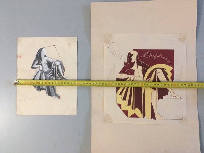 Lot De 2  Peinture Papier Gouache Femme Cubiste Cubisme 1960 A Identifier