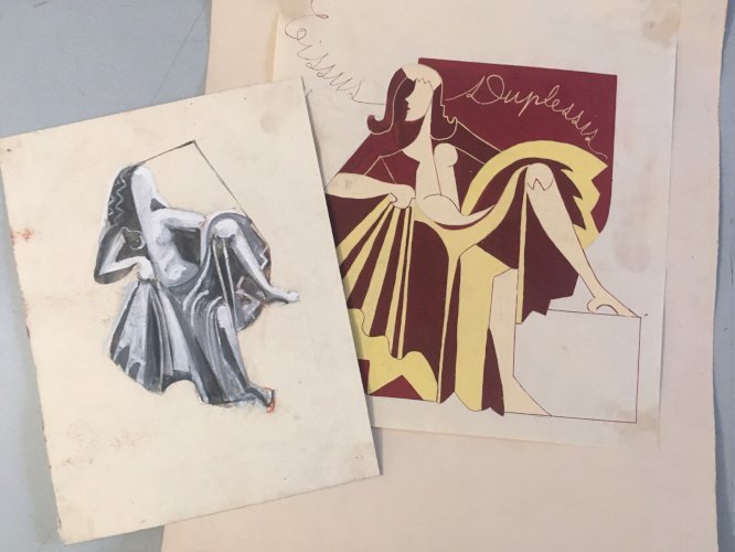 Lot De 2  Peinture Papier Gouache Femme Cubiste Cubisme 1960 A Identifier