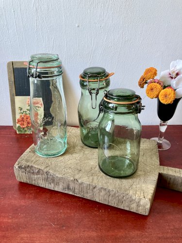 Lot de 3 bocaux de conserve en verre moulé, fermeture à étrier – La Lorraine, Durfor, Goulou
