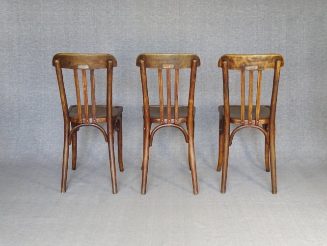 Lot de 3 chaises Baumann bistrot N° 188 de 1930 assise bois, no Thonet