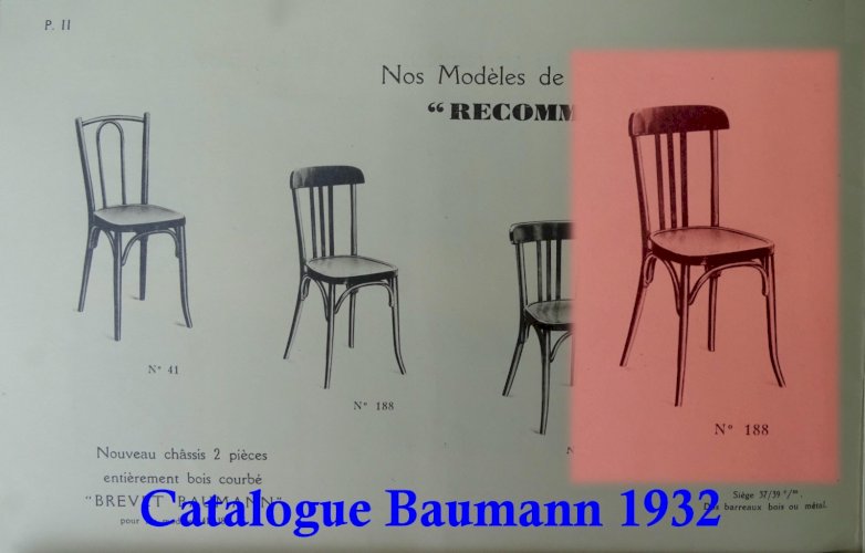 Lot de 3 chaises Baumann bistrot N° 188 de 1930 assise bois, no Thonet