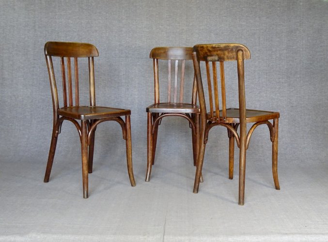 Lot de 3 chaises Baumann bistrot N° 188 de 1930 assise bois, no Thonet