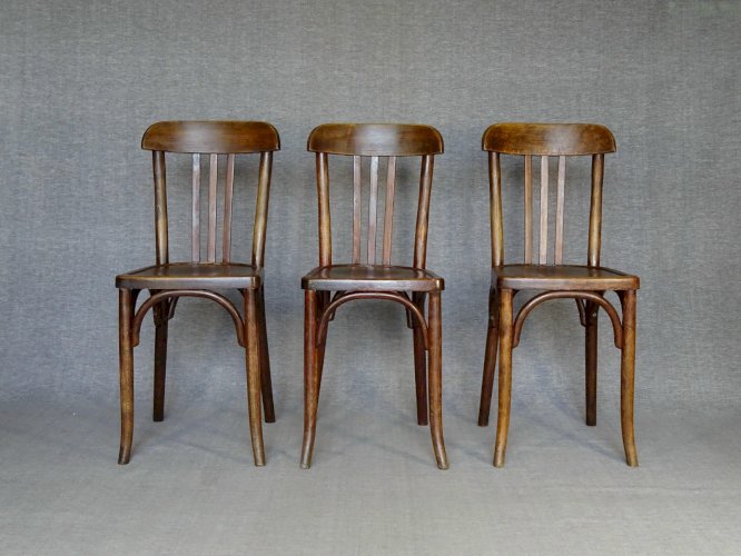 Lot de 3 chaises Baumann bistrot N° 188 de 1930 assise bois, no Thonet