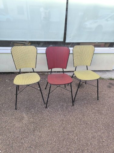 Lot de 3 chaises vintage skaï jaune rouge