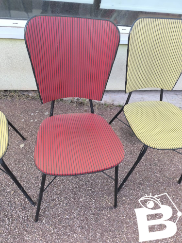 Lot de 3 chaises vintage skaï jaune rouge