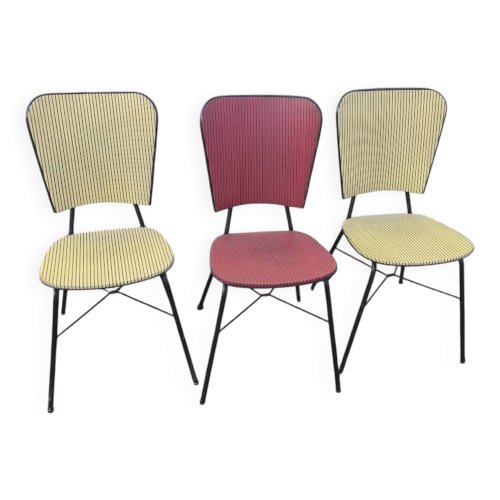 Lot de 3 chaises vintage skaï jaune rouge