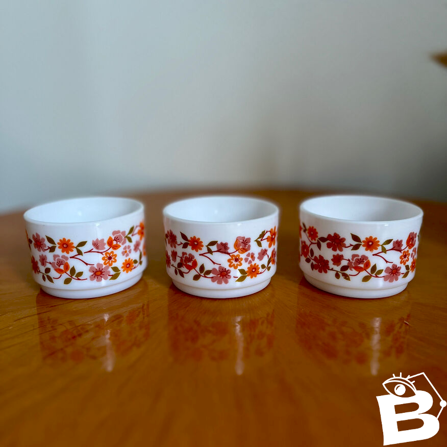 3 Très jolies TASSES vintage ARCOPAL motif Scania FLEURS ORANGE TBE - Arts de la table