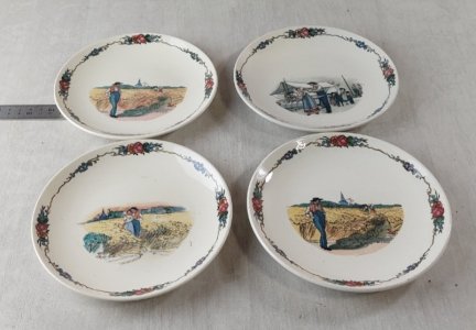 Set of 4 antique bread plates, Obernai decor, Sarreguemines ceramic