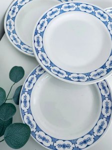 Lot de 4 assiettes plates vintage - Décor frise bleue Art Déco