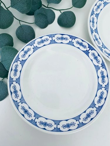 Lot de 4 assiettes plates vintage - Décor frise bleue Art Déco