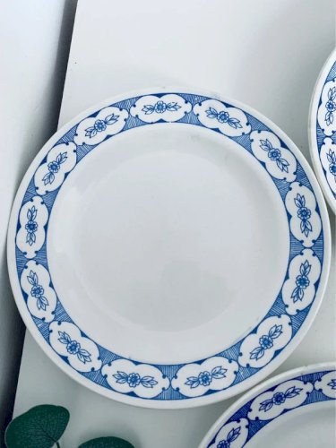Lot de 4 assiettes plates vintage - Décor frise bleue Art Déco