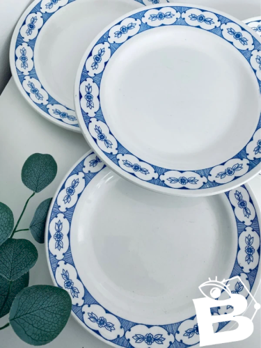 Lot de 4 assiettes plates vintage - Décor frise bleue Art Déco