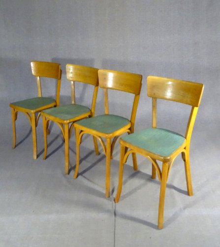 Lot de 4 chaises Baumann bistro cuisine bois et linoléum - 1955 - No Thonet