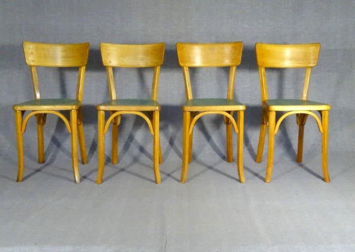 Lot de 4 chaises Baumann bistro cuisine bois et linoléum - 1955 - No Thonet