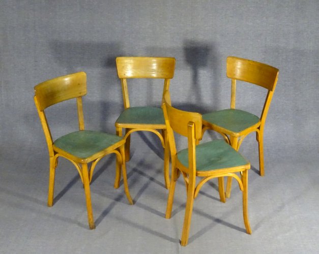 Lot de 4 chaises Baumann bistro cuisine bois et linoléum - 1955 - No Thonet