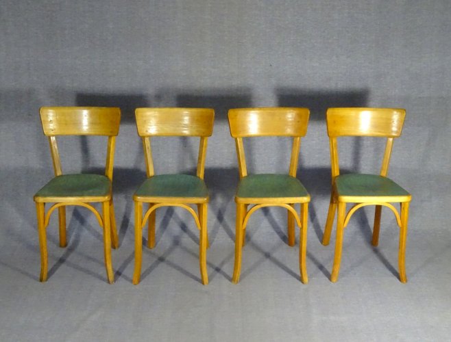Lot de 4 chaises Baumann bistro cuisine bois et linoléum - 1955 - No Thonet