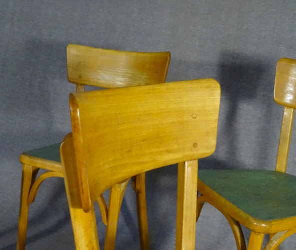 Lot de 4 chaises Baumann bistro cuisine bois et linoléum - 1955 - No Thonet