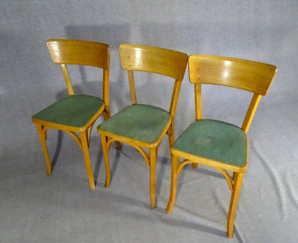 Lot de 4 chaises Baumann bistro cuisine bois et linoléum - 1955 - No Thonet