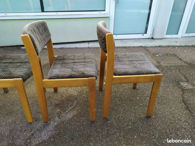 Lot de 4 chaises en bois blond et tissu gris - vintage