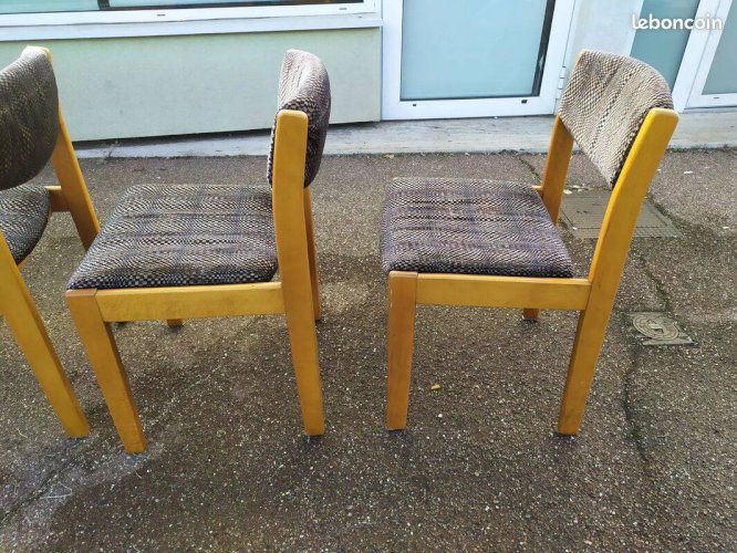Lot de 4 chaises en bois blond et tissu gris - vintage
