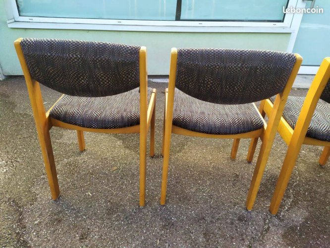 Lot de 4 chaises en bois blond et tissu gris - vintage