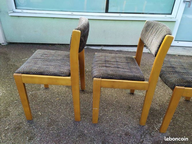 Lot de 4 chaises en bois blond et tissu gris - vintage