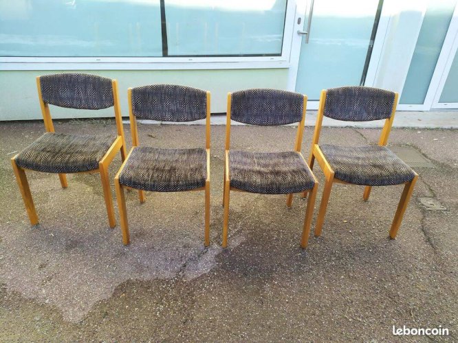 Lot de 4 chaises en bois blond et tissu gris - vintage