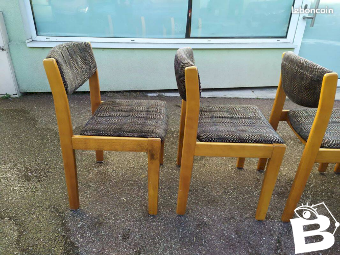 Lot de 4 chaises en bois blond et tissu gris - vintage
