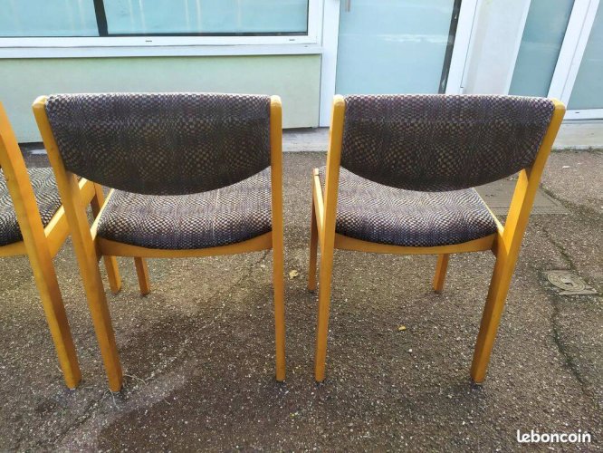 Lot de 4 chaises en bois blond et tissu gris - vintage