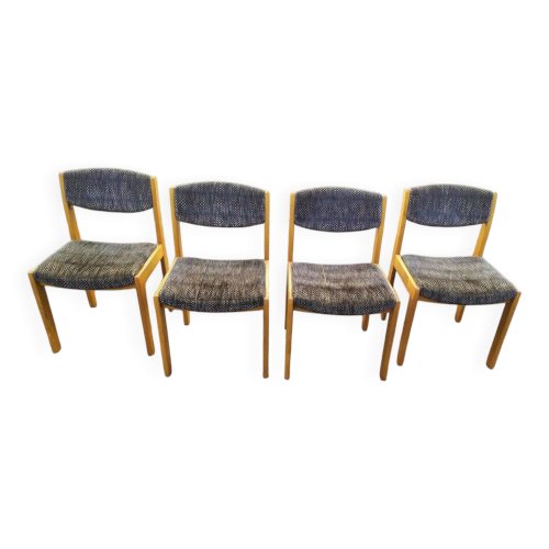 Lot de 4 chaises en bois blond et tissu gris - vintage