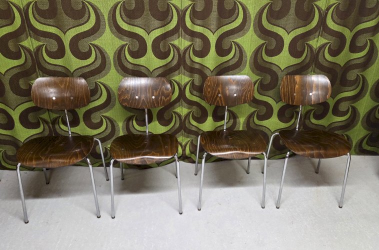Lot de 4 chaises vintage Egon Eiermann – Modèle SE 68 – Années 60 – Bois et métal