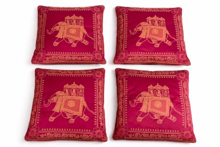 Set of 4 embroidered Indian cushions with golden pink elephant 42x42 cm double-sided