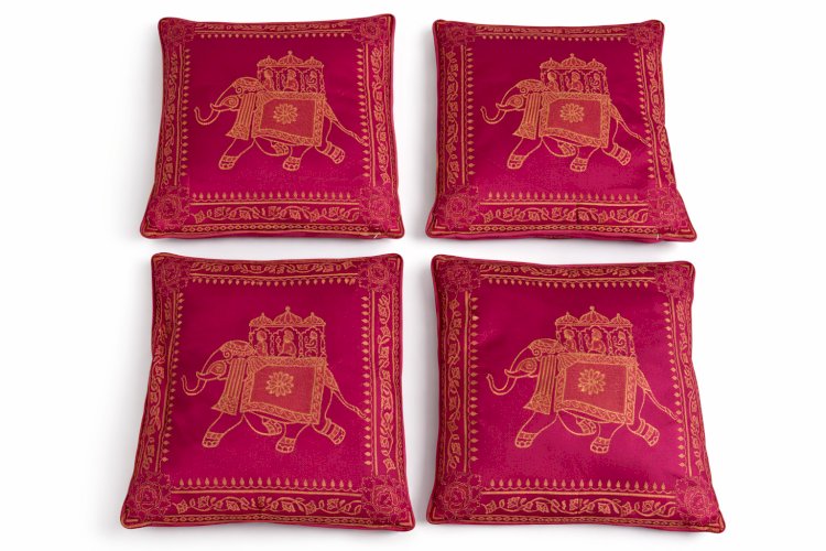 Lot de 4 coussins indiens brodés éléphant doré rose 42x42 cm recto verso