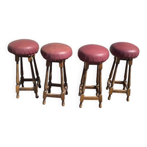Lot de 4 tabourets de bar cuir et bois