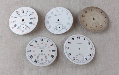 Lot de 5 anciens cadrans de montre gousset émaillé, Régulateur, chronomètre ^