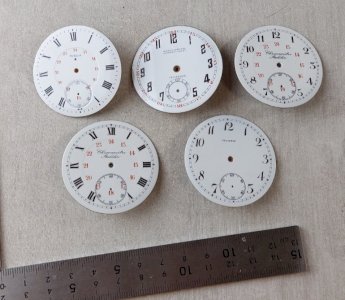 Lot de 5 anciens cadrans de montre gousset émaillé, Régulateur, chronomètre ^