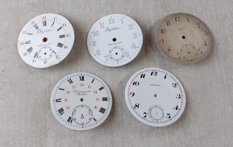 Lot de 5 anciens cadrans de montre gousset émaillé, Régulateur, chronomètre ^