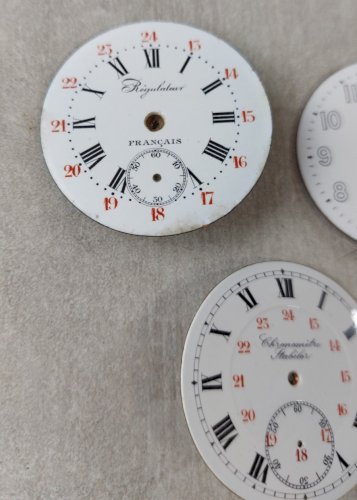 Lot de 5 anciens cadrans de montre gousset émaillé, Régulateur, chronomètre ^
